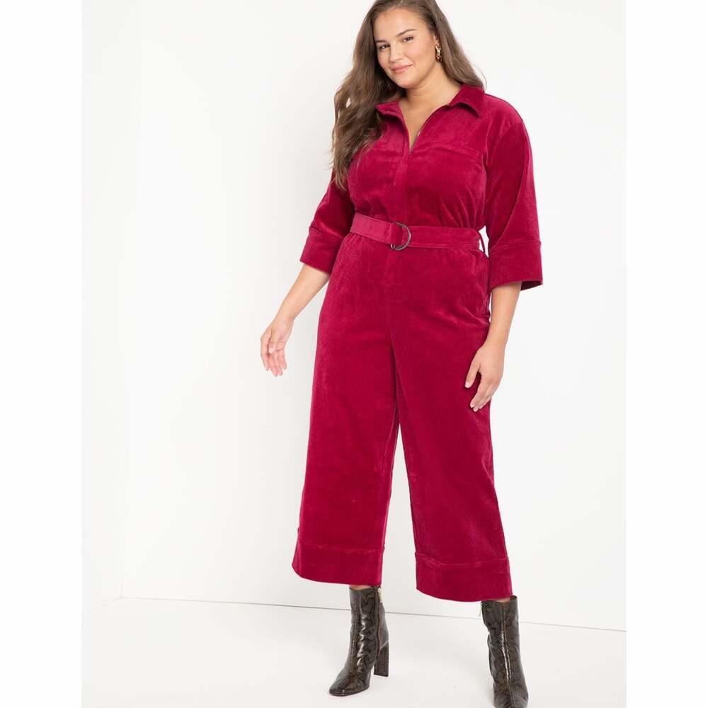 Eloquii Zip-Front Corduroy Jumpsuit Wide Leg Cropped